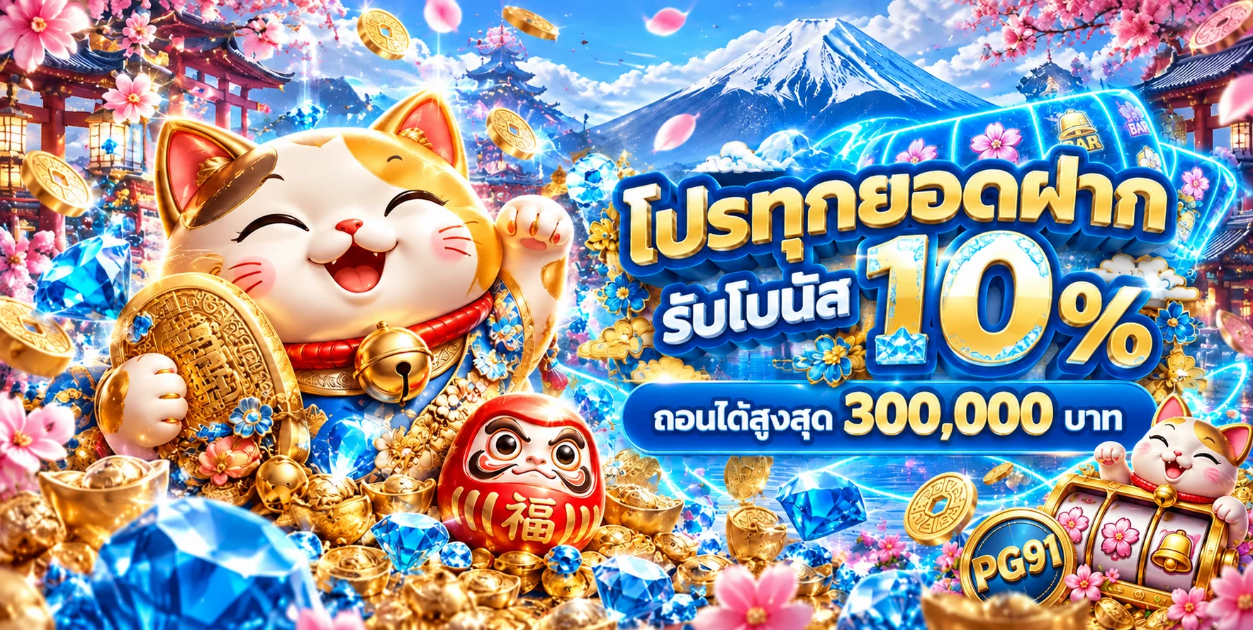 สล็อตออนไลน์ PG91 กับแมวกวักและวงล้อ PG Soft